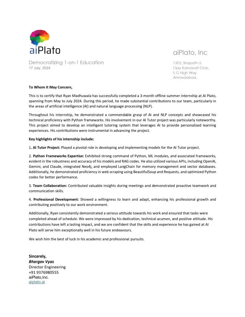 Internship completion letter from aiPlato