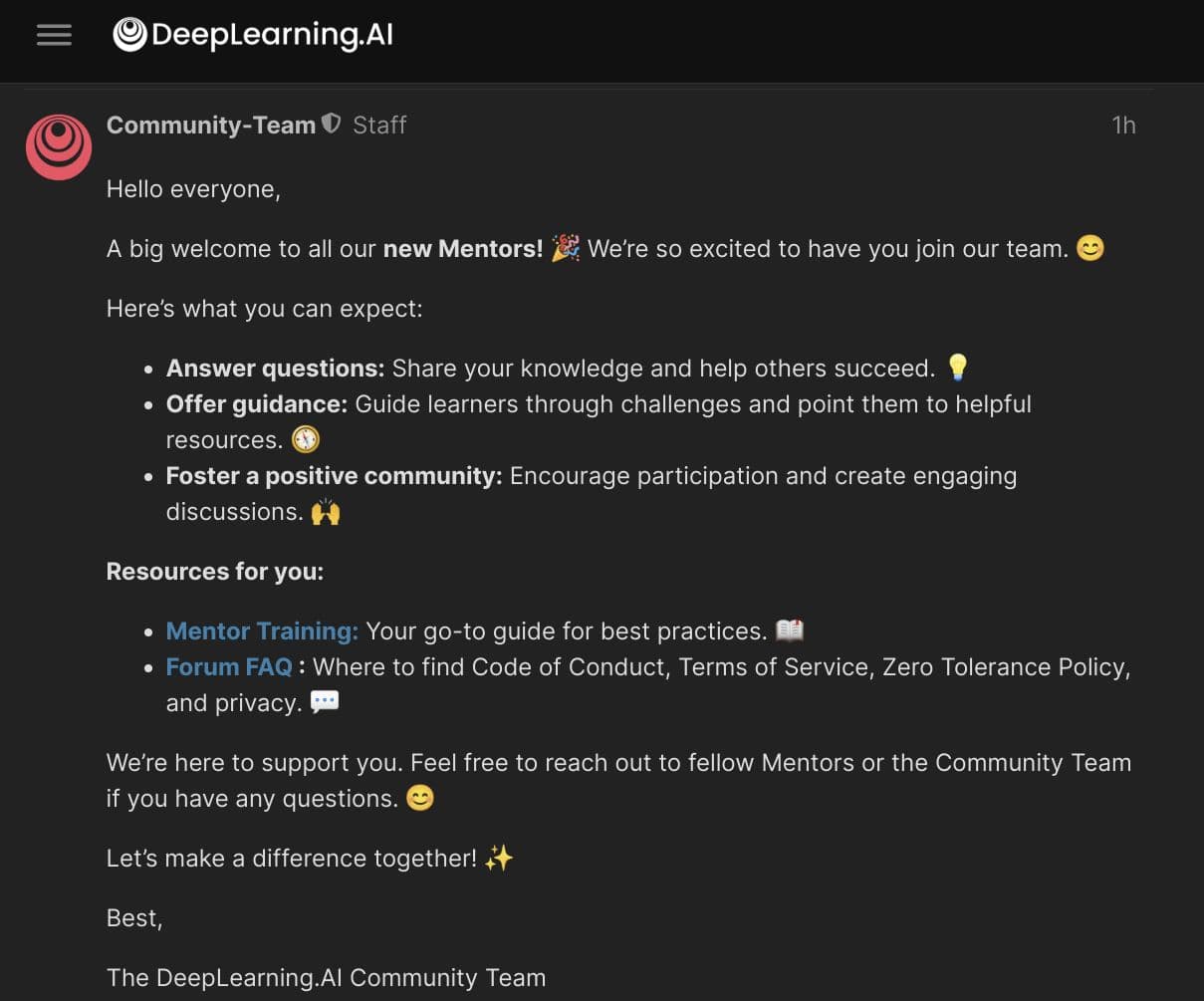 DeepLearning.AI Community Team welcoming the new mentor cohort